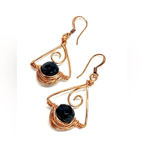HANDMADE Vintage Faceted Glass Bead HandWrapped Pure Bare Copper Modern Earrings - Picture 8 of 10